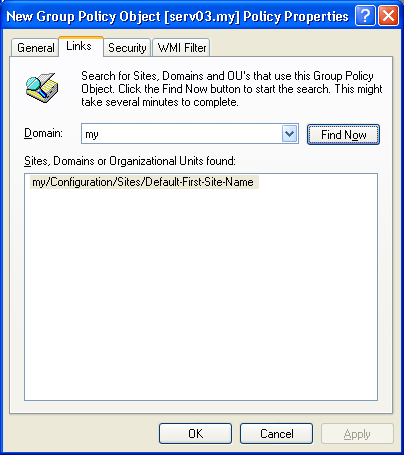 Иллюстрированный самоучитель по Microsoft Windows 2003 › Использование групповых политик › Привязка объекта групповой политики к контейнеру Active Directory