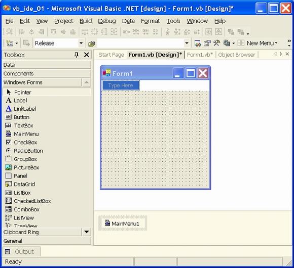 Иллюстрированный самоучитель по Visual Basic .NET › Формы Windows, графический вывод и печать › Элементы меню и новый редактор меню Visual Studio. Контекстные меню.
