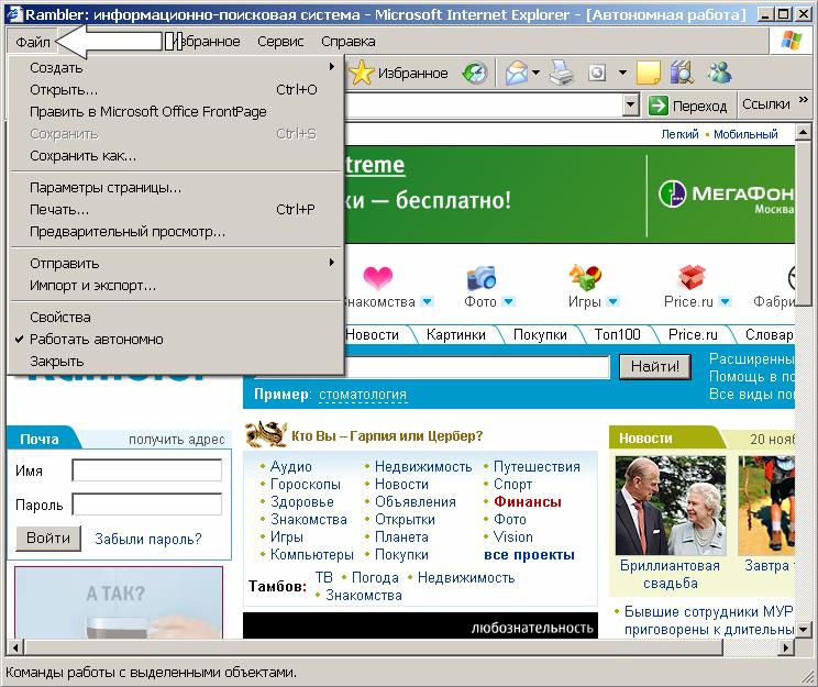 Иллюстрированный самоучитель по работе в Internet › Навигация в WWW при помощи Internet Explorer › Пункт меню Файл