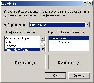 Иллюстрированный самоучитель по Microsoft FrontPage 2002 › Настройка Internet Explorer › Используемые цвета. Настройка шрифтов. Выбор языка.